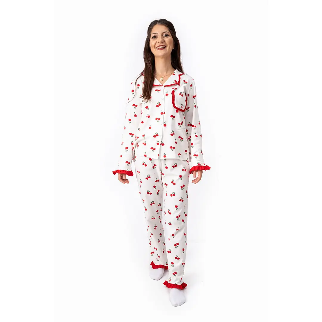 Kadın Anne Ekru Kırmızı Lale Desenli Fırfırlı Bandanalı Pijama Takımı 3