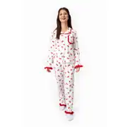 Kadın Anne Ekru Kırmızı Lale Desenli Fırfırlı Bandanalı Pijama Takımı 3