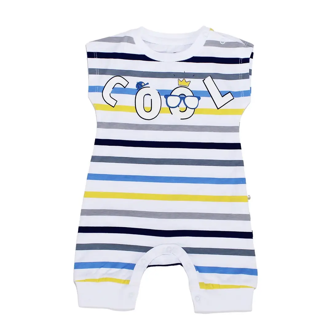 Erkek Bebek Sarı Mavi Çizgili Cool Yazılı Alttan Çıt Çıtlı Tulum 1