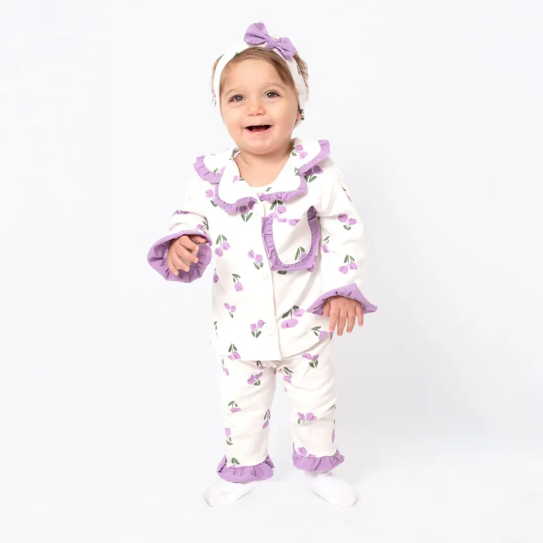 Kadın Anne Ekru Mor Lale Desenli Fırfırlı Bandanalı Pijama Takımı 3