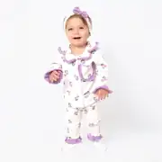 Kadın Anne Ekru Mor Lale Desenli Fırfırlı Bandanalı Pijama Takımı 3