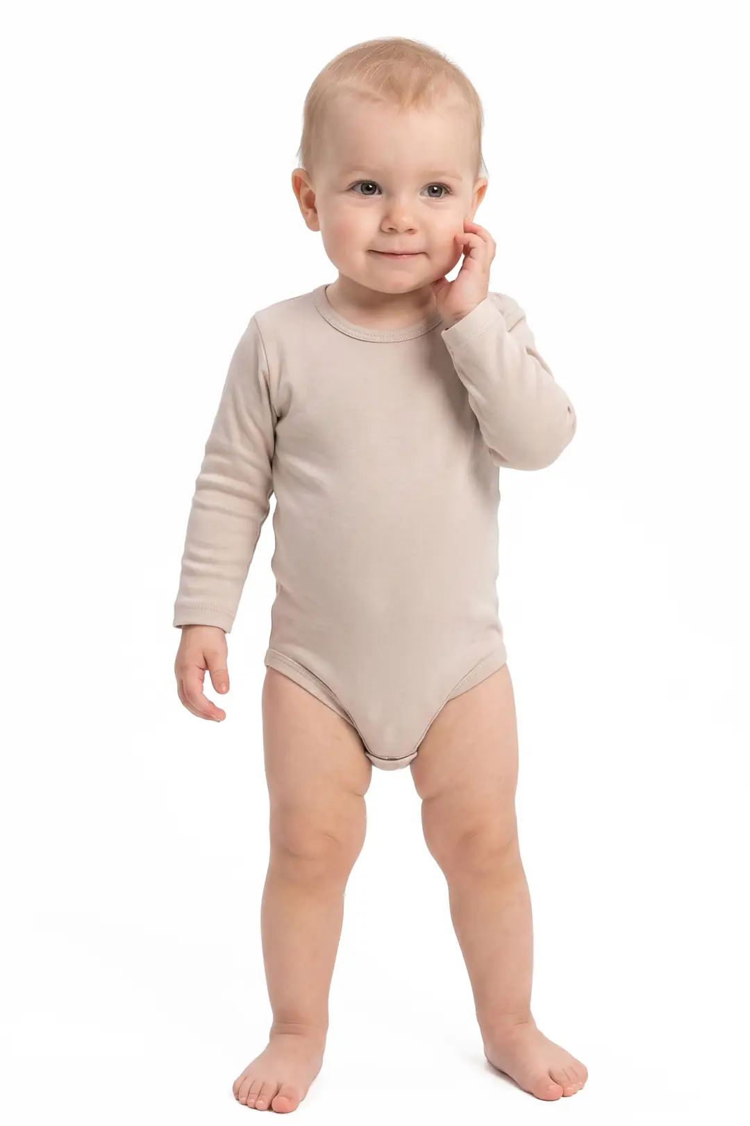Unisex Yuvarlak Yaka Bej Düz Çıtçıtlı Body Zıbın
