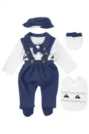 Erkek Bebek Beyaz Laci Araba Desenli Bebe Yakalı 5'li Hastane Çıkış Seti 2