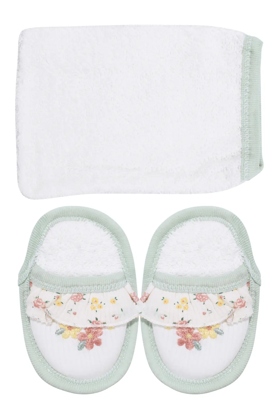 Kız Bebek Beyaz Yeşil Çiçek Nakışlı Havlu Bornoz Set 7
