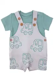 Erkek Bebek Yeşil Gri Araba Desenli Salopet Takım 3