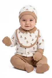 Erkek Bebek Ekru Kahve Yakalı Ayıcık Baskılı 5 Parça Hastane Çıkış Seti 1