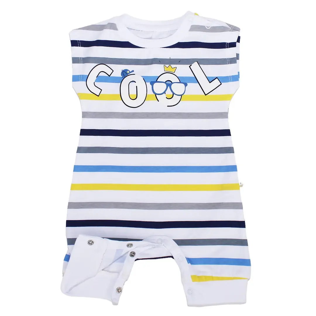 Erkek Bebek Sarı Mavi Çizgili Cool Yazılı Alttan Çıt Çıtlı Tulum 3