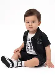 Erkek Bebek Siyah Beyaz Mavi Kot Ceketli Şortlu 3'lü Takım 1