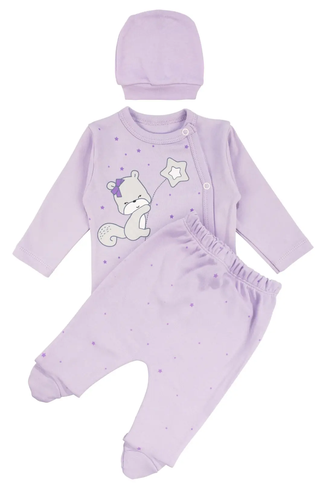 Kız Bebek Lila Yıldızlı Ayıcık Baskılı Patikli Pijama Takımı 0-3 Ay 1