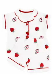 Kız Bebek Beyaz Kırmızı Çilek Baskılı Müslin Şortlu Pijama Takımı 2
