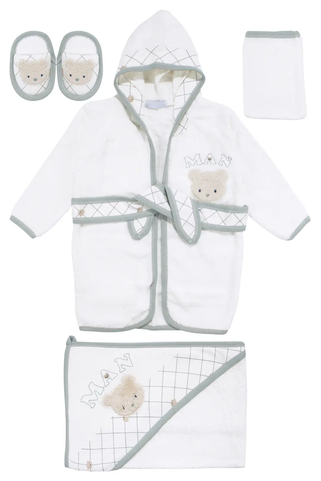 Erkek Bebek Beyaz Yeşil Man Ayılı Nakışlı Havlu Bornoz Set 2