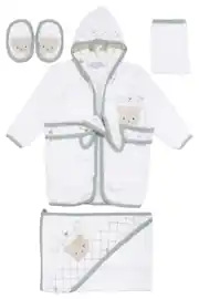 Erkek Bebek Beyaz Yeşil Man Ayılı Nakışlı Havlu Bornoz Set 2