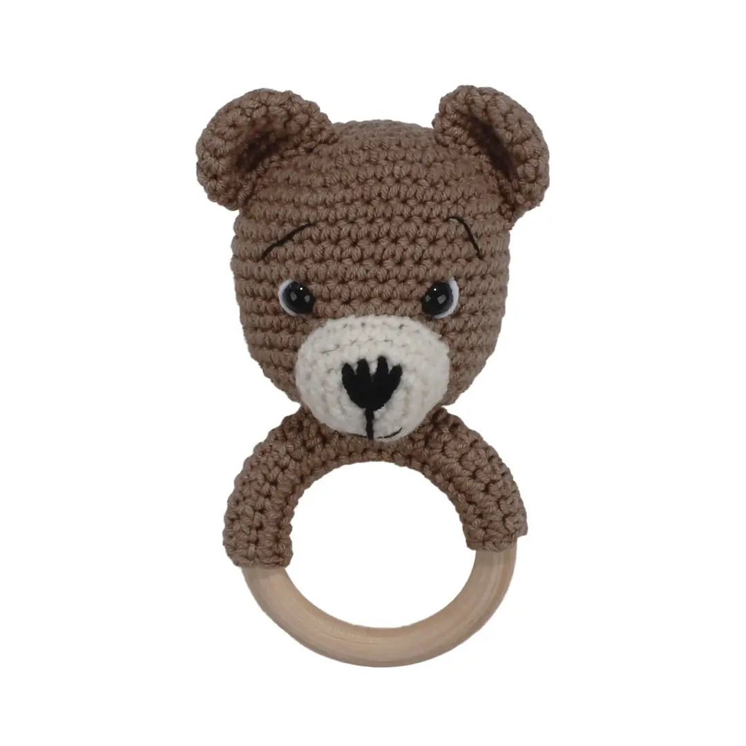 Amigurumi Sevimli Kahve Ayıcık Diş Kaşıyıcı Çıngıraklı Organik Oyuncak 1