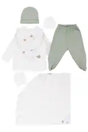 Unisex Beyaz Yeşil Sarı Zürafa Ayı Nakışlı 7 Parça Hastane Çıkış Seti 1