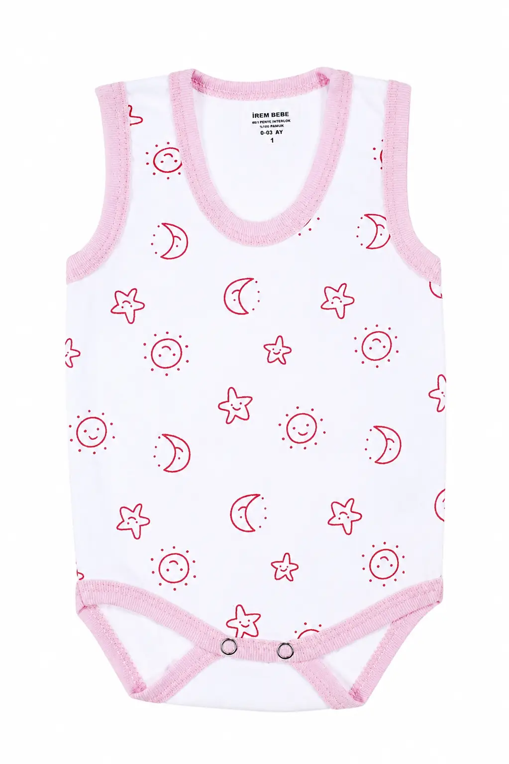 Kız Bebek %100 Organik Pamuk Beyaz Pembe Biyeli Ay Yıldız Güneş Desenli Zıbın