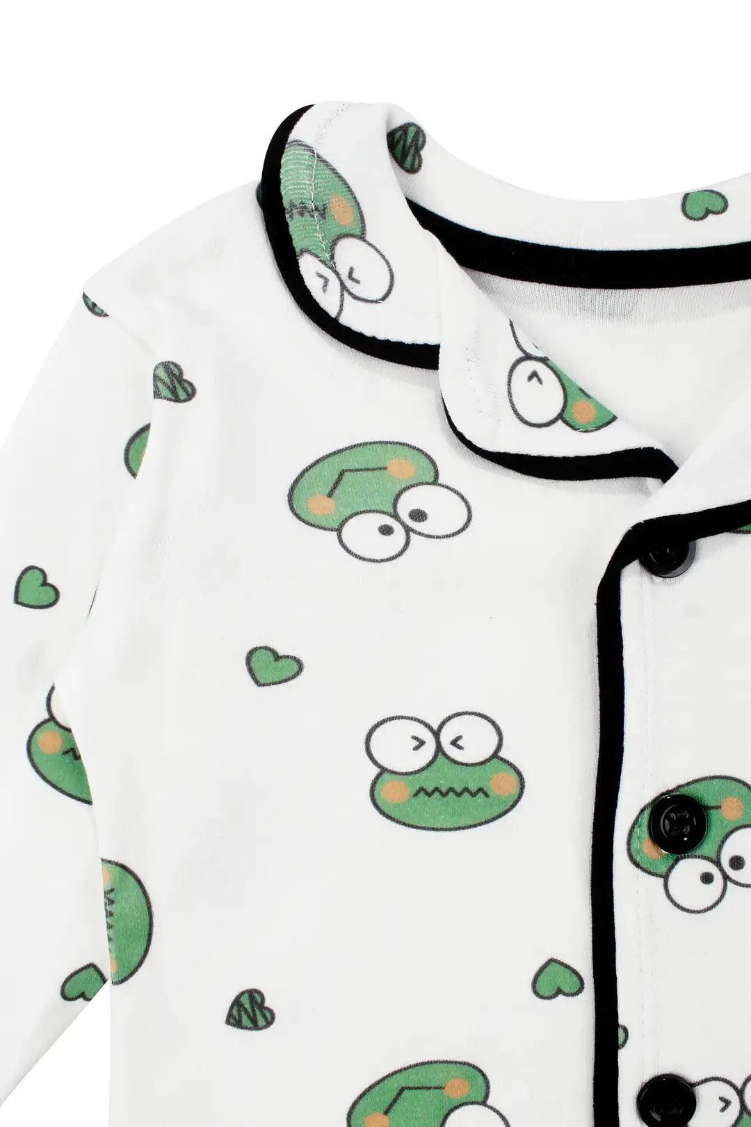 Unisex Ekru Yeşil Kurbağa Desenli Kruvaze Yaka Pijama Takımı 4