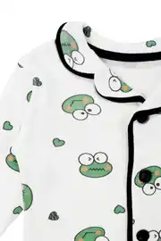 Unisex Ekru Yeşil Kurbağa Desenli Kruvaze Yaka Pijama Takımı 4