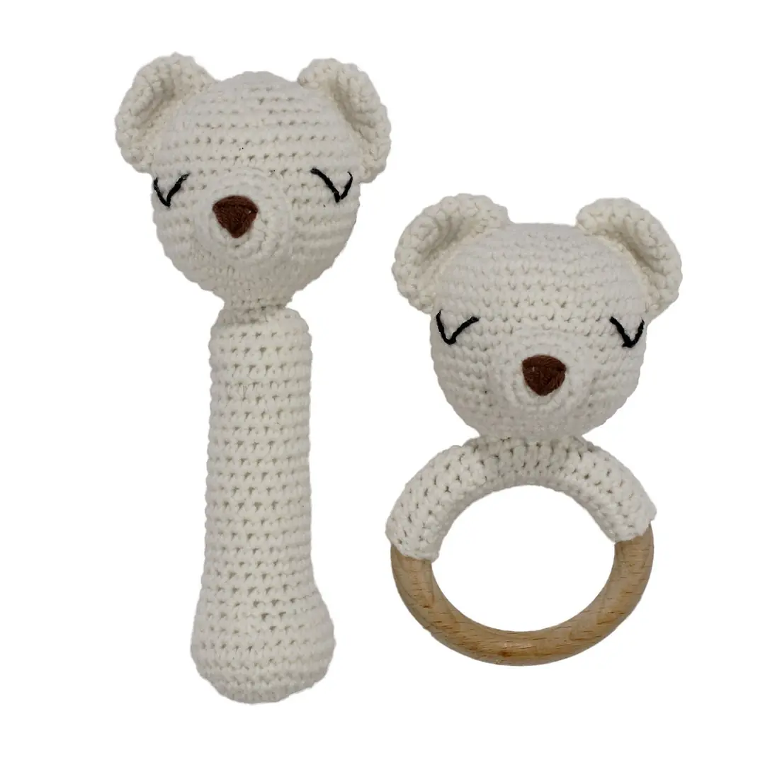 Amigurumi Sevimli Ekru Ayı Diş Kaşıyıcı Çıngıraklı Organik Oyuncak 2'li Set 1