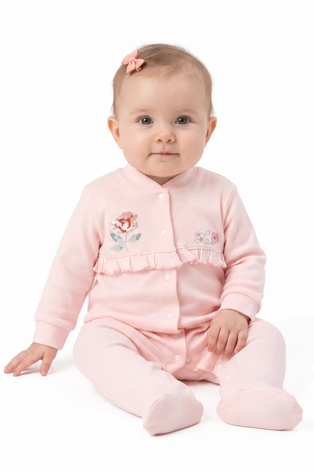 Kız Bebek Ekru Somon Gül Nakışlı Kanaviçe Çıtçıtlı Patikli Tulum