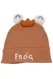 Erkek Bebek Kiremit Beyaz Frog Nakışlı Kulaklı Bere 0-12 Ay 1