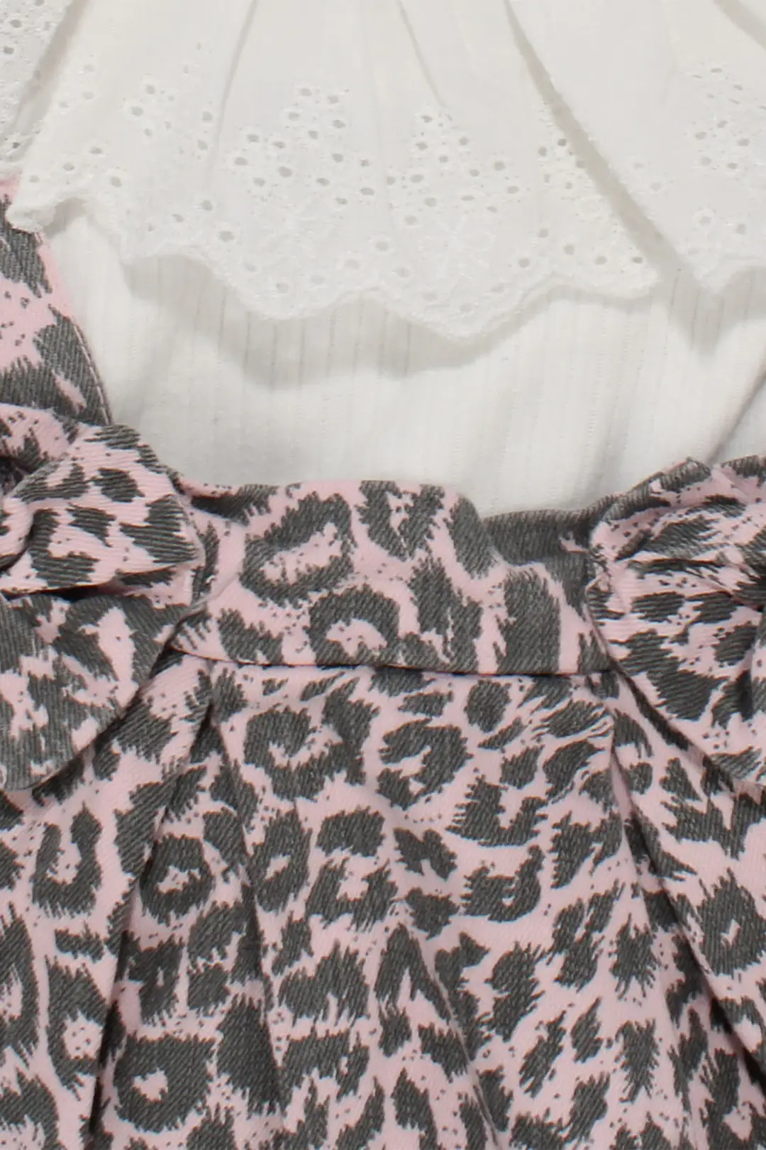 Kız Çocuk Beyaz Pembe Leopar Desenli Fiyonklu Kot Salopet Jile Elbise 6
