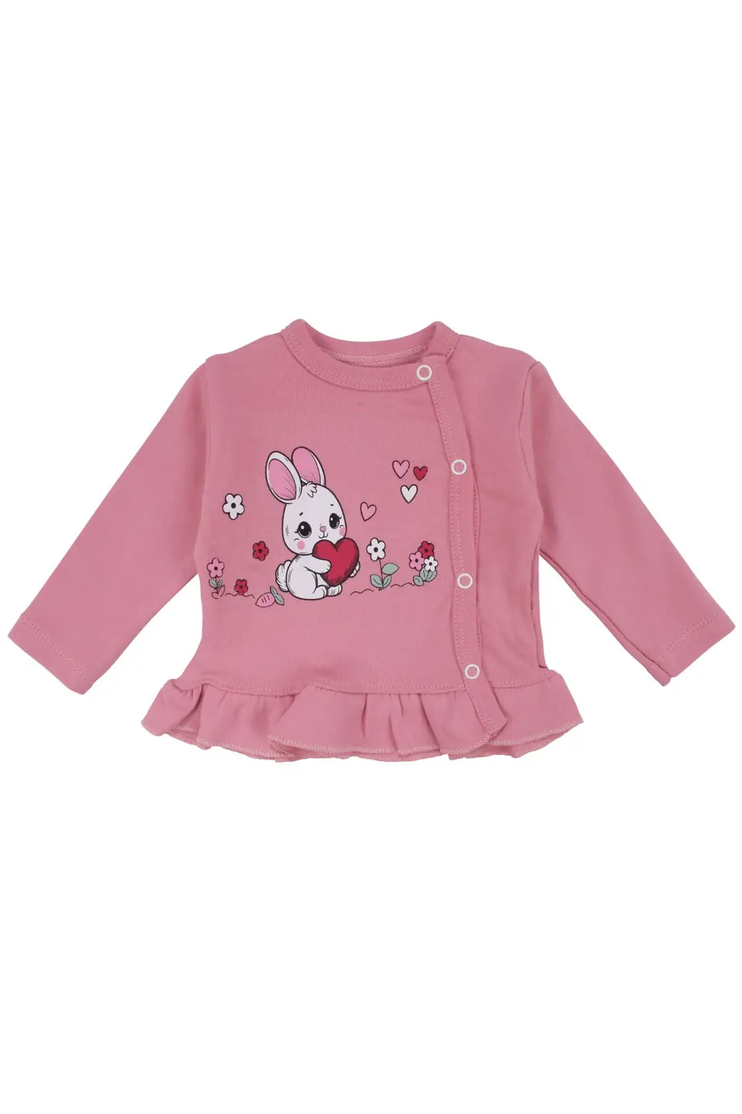 Kız Bebek Pembe Tavşan Baskılı Fırfırlı Patikli Pijama Takımı 0-3 Ay 2