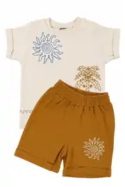 Erkek Bebek Ekru Hardal Güneş Desenli Şortlu 2'li Takım 2