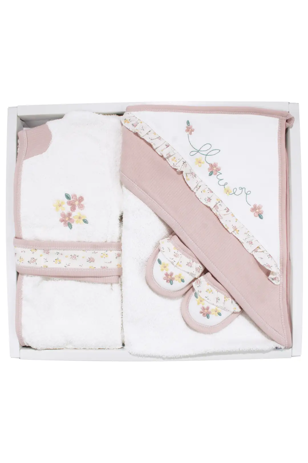 Kız Bebek Beyaz Pembe Çiçek Nakışlı Havlu Bornoz Set 1
