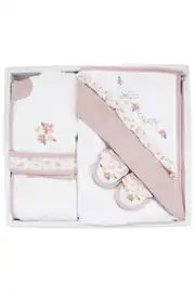 Kız Bebek Beyaz Pembe Çiçek Nakışlı Havlu Bornoz Set 1