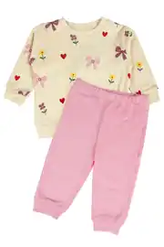 Kız Bebek Krem Pembe Çiçek Baskılı 2'li Takım 1