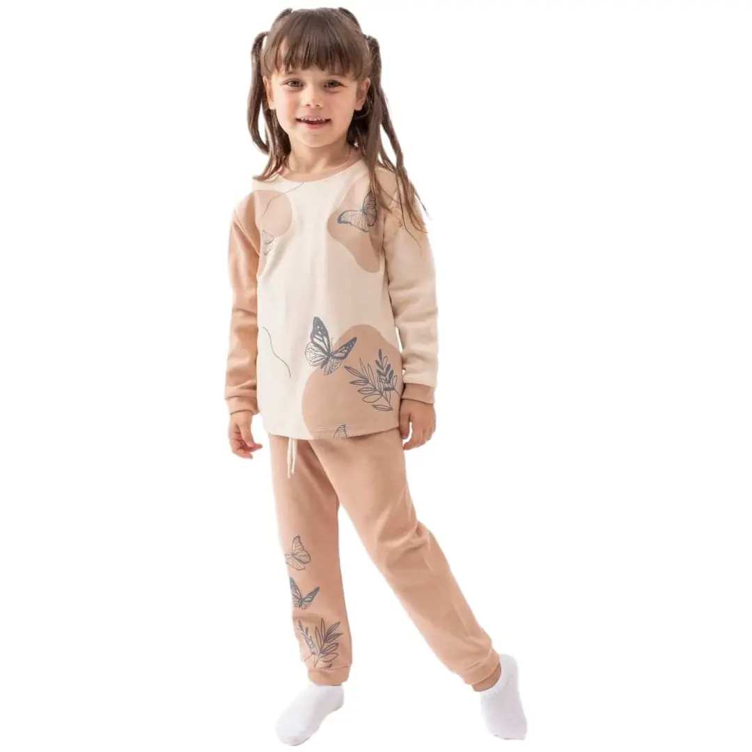 Kız Çocuk Kahve Bej Kelebek Baskılı 2'li Pijama Takımı 1