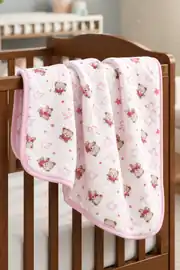 Ayıcık Desenli Penye Tek Kat Krem Pembe Bebek Battaniyesi 1