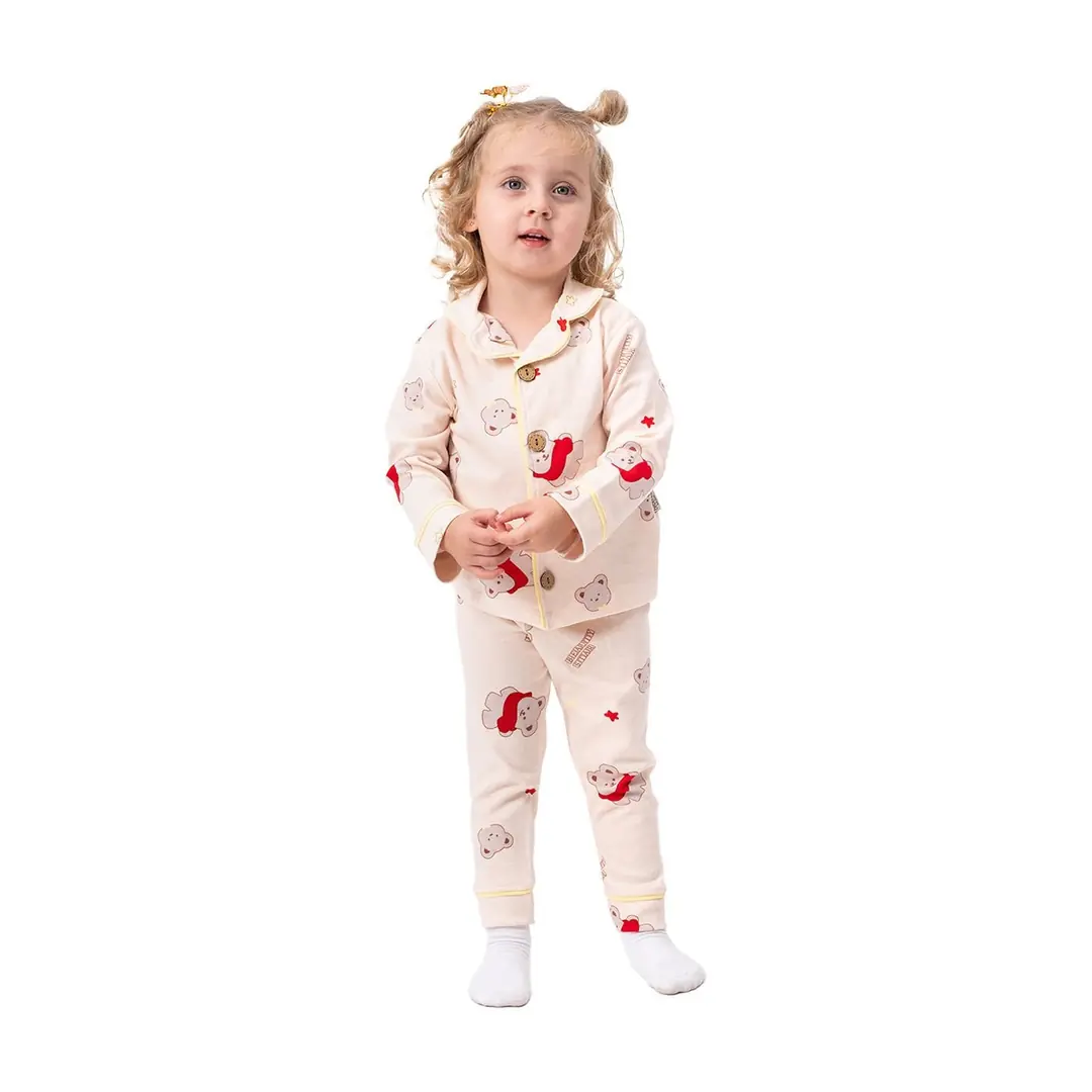 Unisex Somon Sarı Biyeli Kırmızı Ayıcık Desenli Kruvaze Yaka Pijama Takımı 1