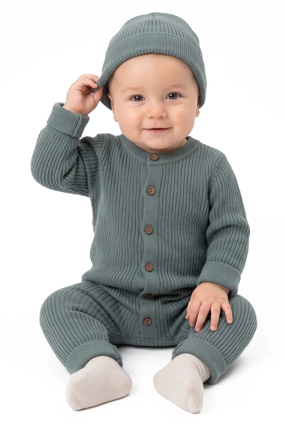 Erkek Bebek Yeşil Düğmeli Bereli Triko Tulum 1