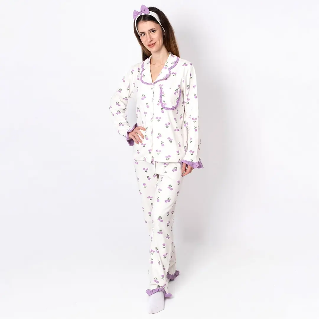 Kadın Anne Ekru Mor Lale Desenli Fırfırlı Bandanalı Pijama Takımı 2