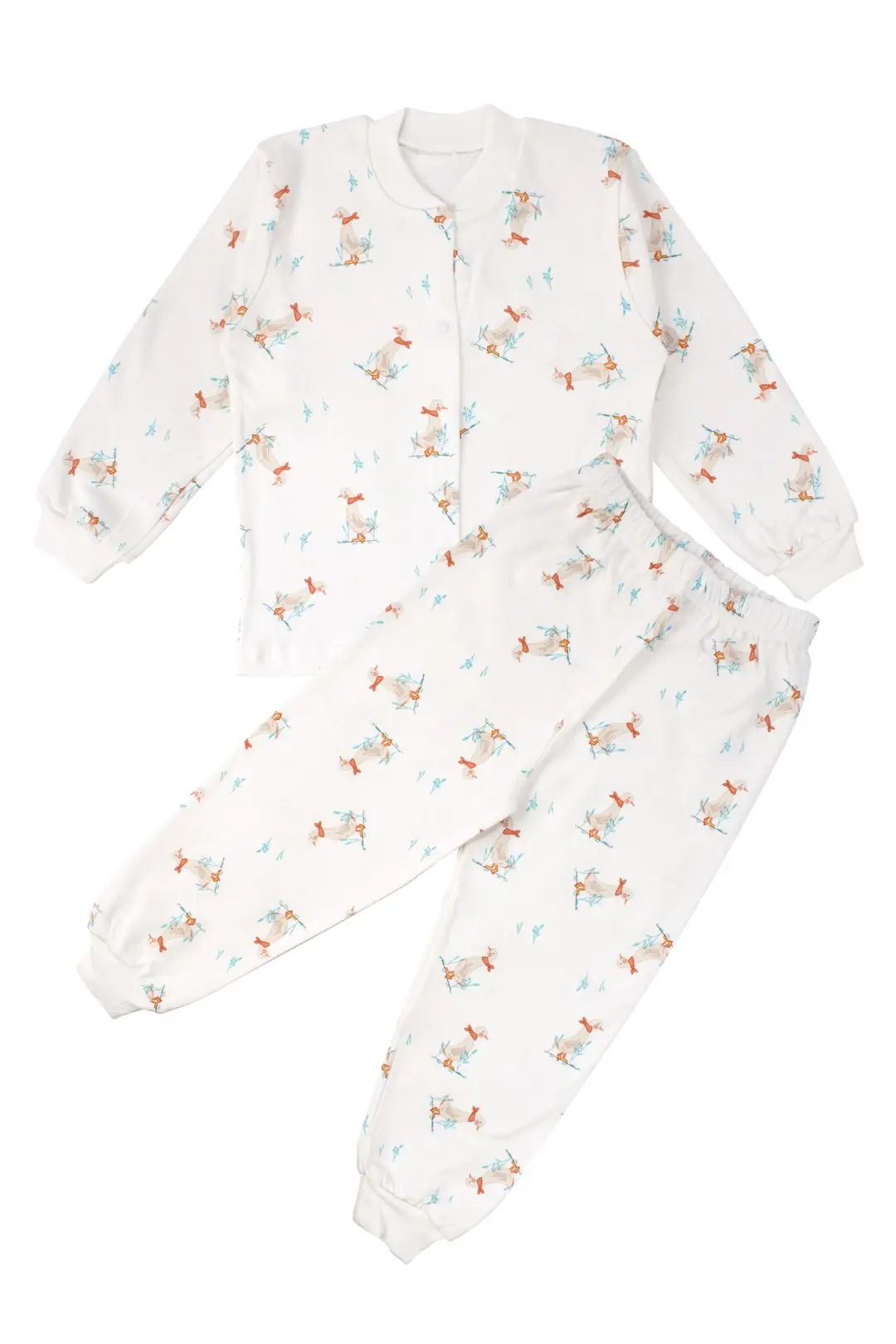 Unisex Ekru Ördek Desenli Çıtçıtlı Pijama Takımı 1