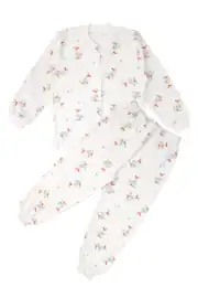 Unisex Ekru Ördek Desenli Çıtçıtlı Pijama Takımı 1