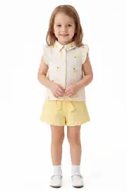 Kız Çocuk Ekru Sarı Limon Baskılı Şortlu Müslin 2'li Takım 1