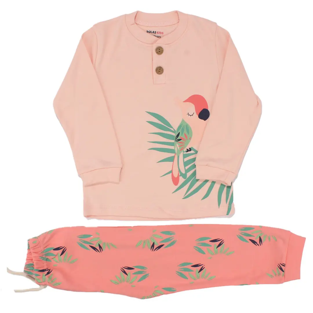 Kız Çocuk Pembe Papağan Baskılı 2'li Pijama Takımı 1