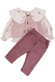 Kız Bebek Ekru Pembe Peluş Yelekli Müslin Gömlekli 3'lü Lüks Takım 1