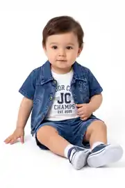 Erkek Bebek Mavi Beyaz Mavi Kot Ceketli Şortlu 3'lü Takım 1