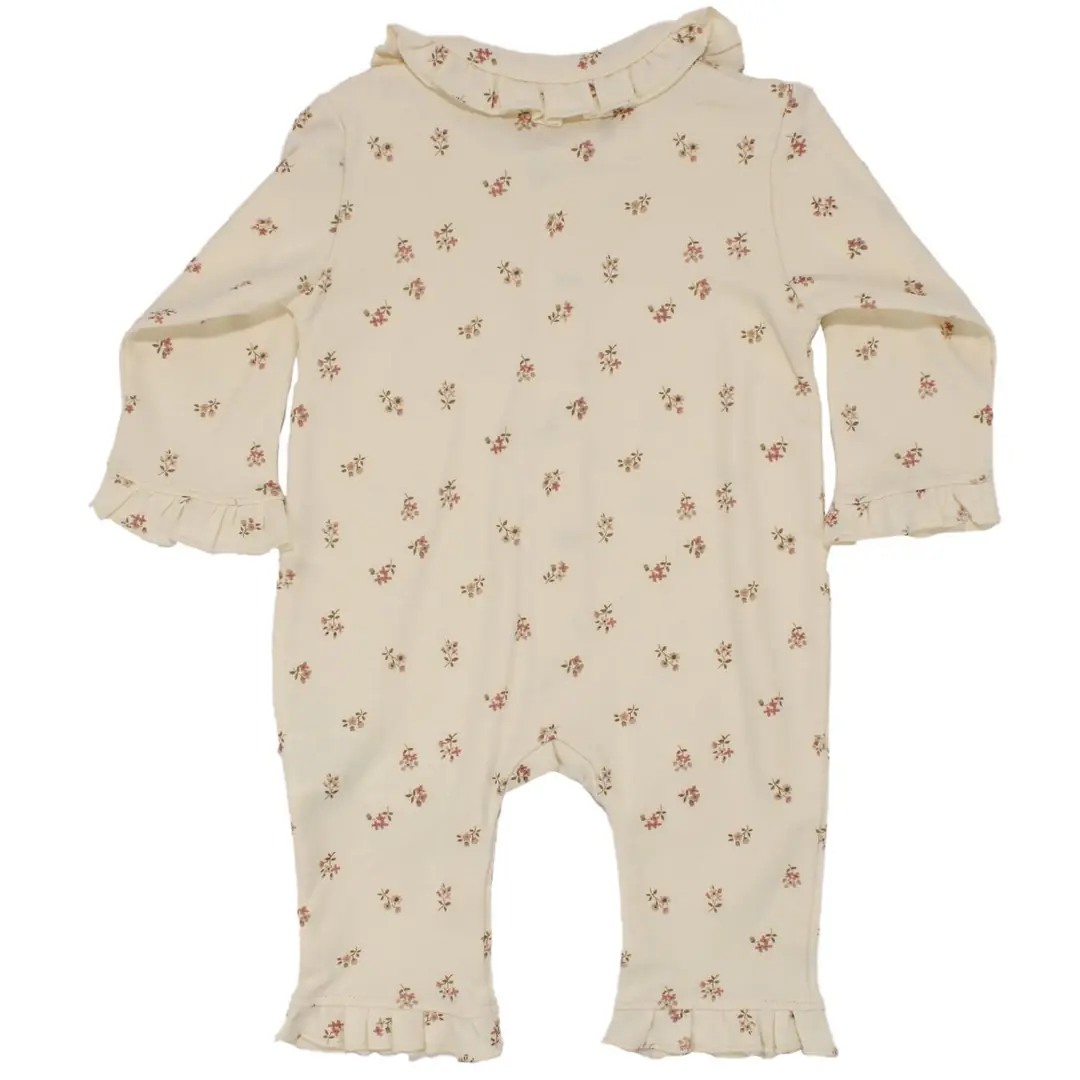 Kız Bebek Ekru Minik Çicekli Kolları Fırfırlı Bebe Yaka Çıtçıtlı Tulum 3