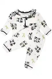 Unisex Ekru Siyah Panda Desenli Kruvaze Yaka Pijama Takımı 2