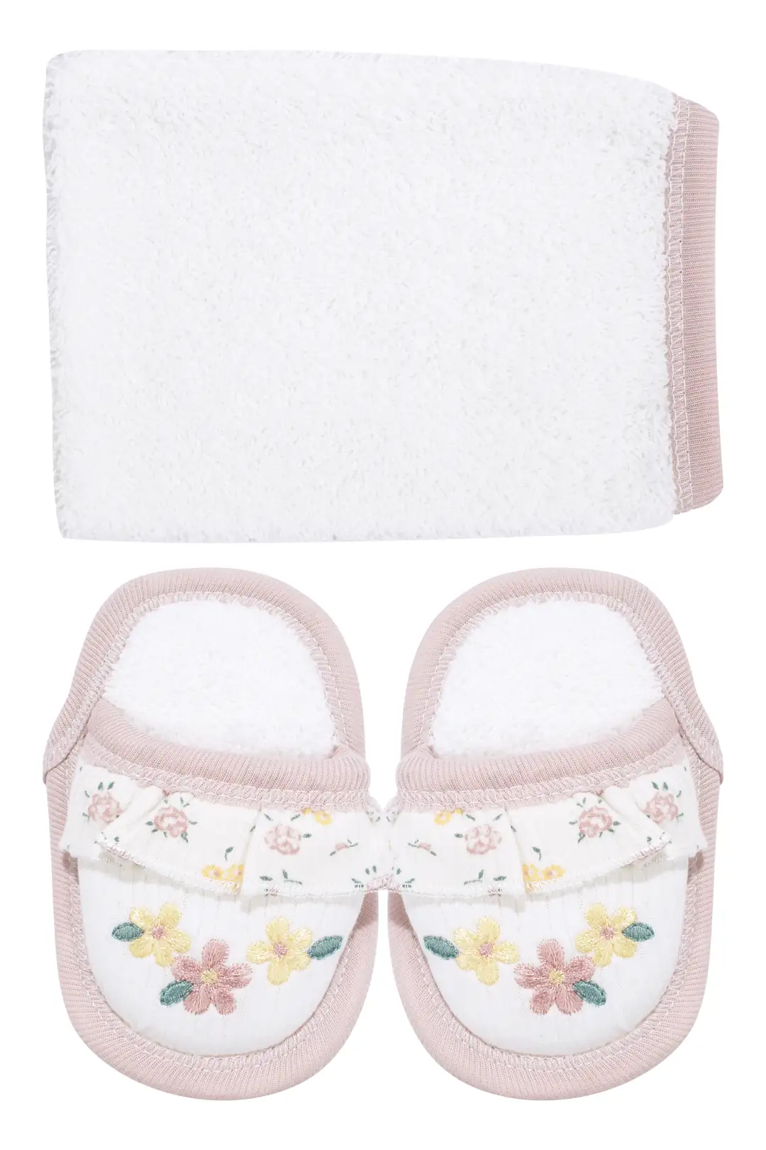 Kız Bebek Beyaz Pembe Çiçek Nakışlı Havlu Bornoz Set 7