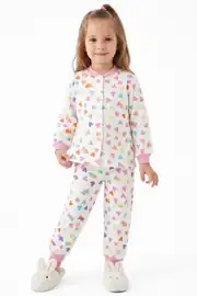 Kız Çocuk Ekru Pembe Renkli Kalpli Desenli Çıtçıtlı Pijama Takımı 1