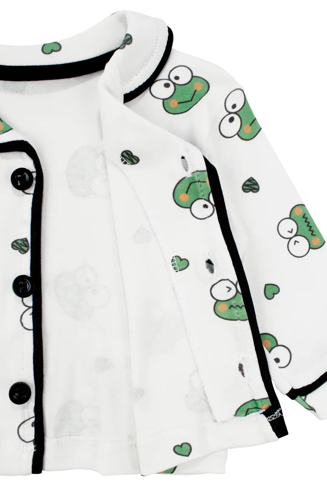 Unisex Ekru Yeşil Kurbağa Desenli Kruvaze Yaka Pijama Takımı 5