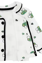 Unisex Ekru Yeşil Kurbağa Desenli Kruvaze Yaka Pijama Takımı 5