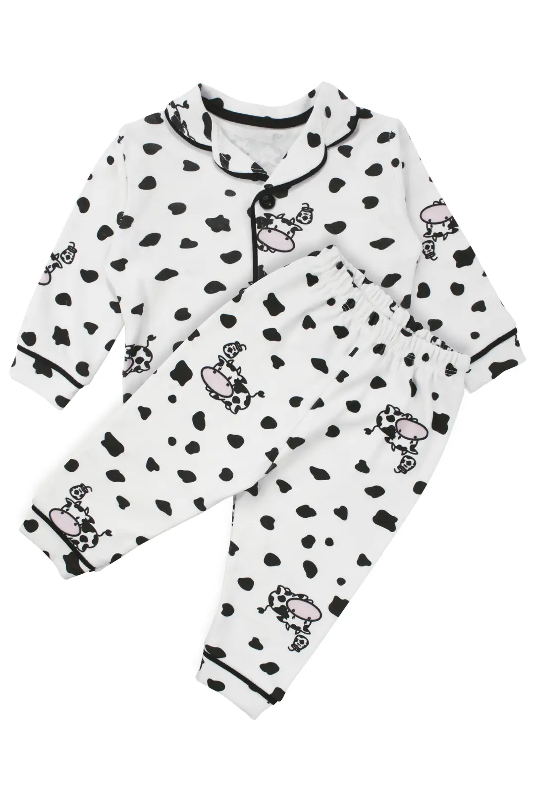 Unisex Ekru Siyah İnek Desenli Kruvaze Yaka Pijama Takımı
