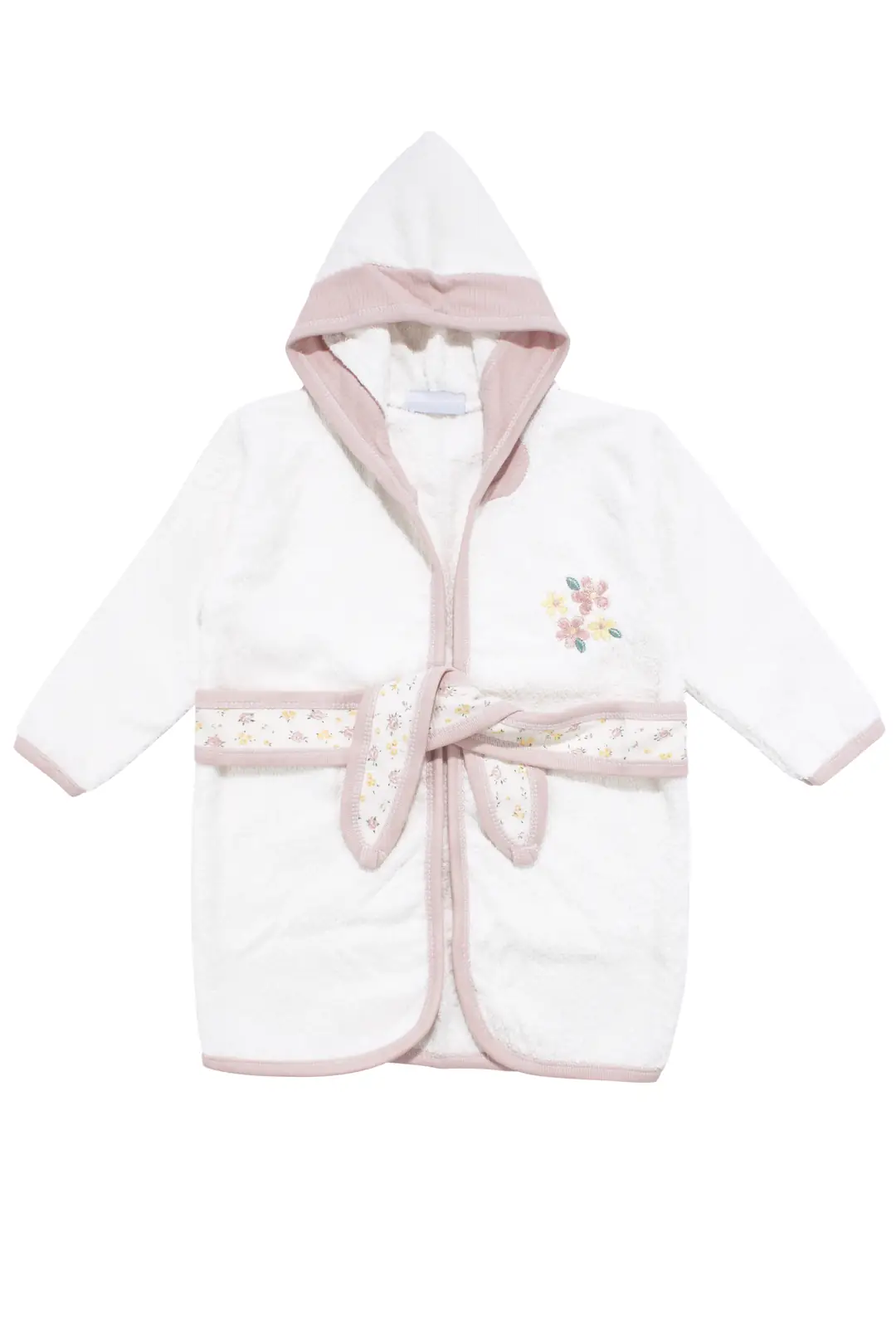Kız Bebek Beyaz Pembe Çiçek Nakışlı Havlu Bornoz Set 3