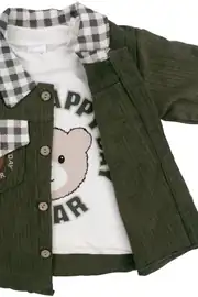 Erkek Bebek Ekru Yeşil Ekose Desenli Şönil Ceketli 3'lü Takım 5